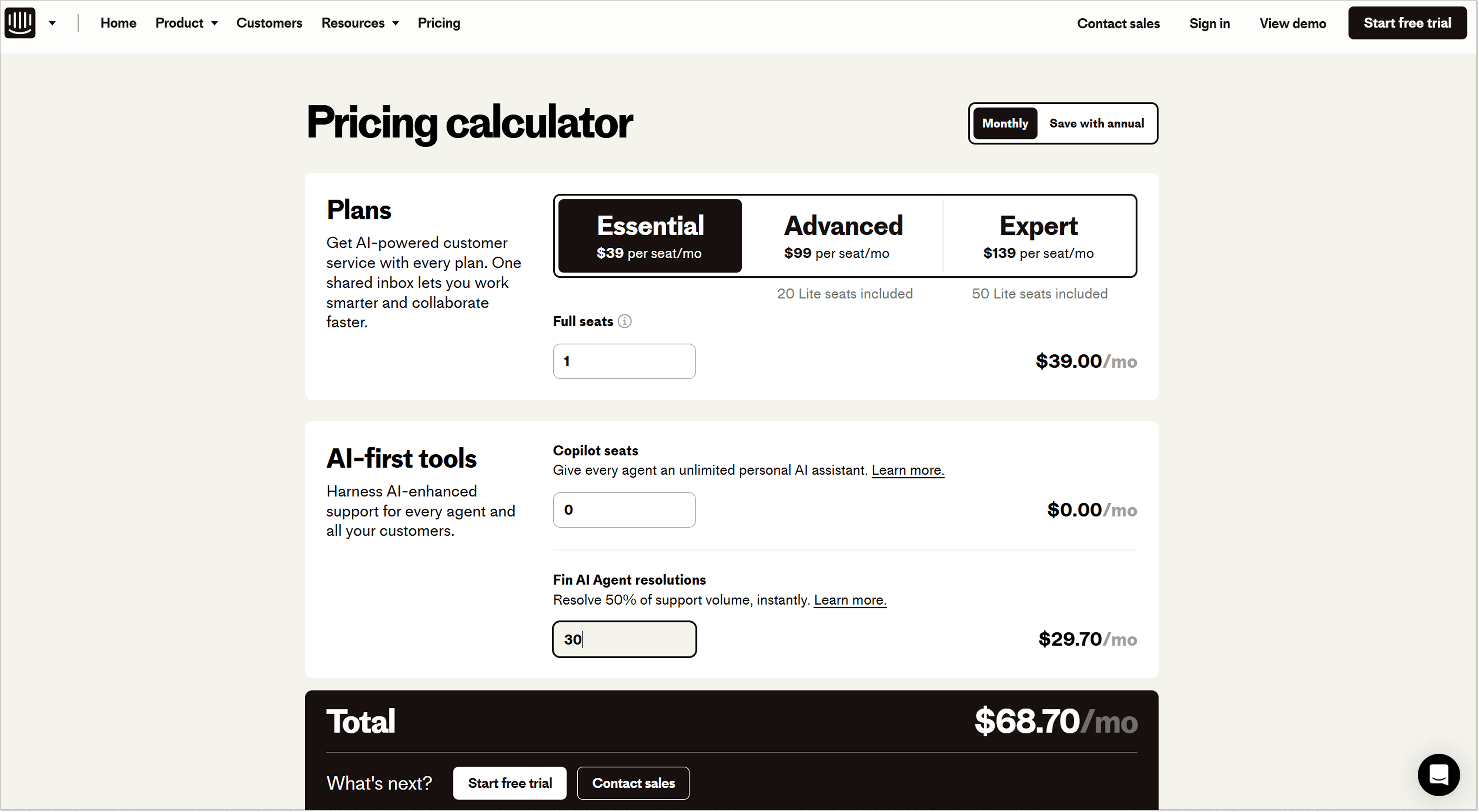 Intercom pricing calculator