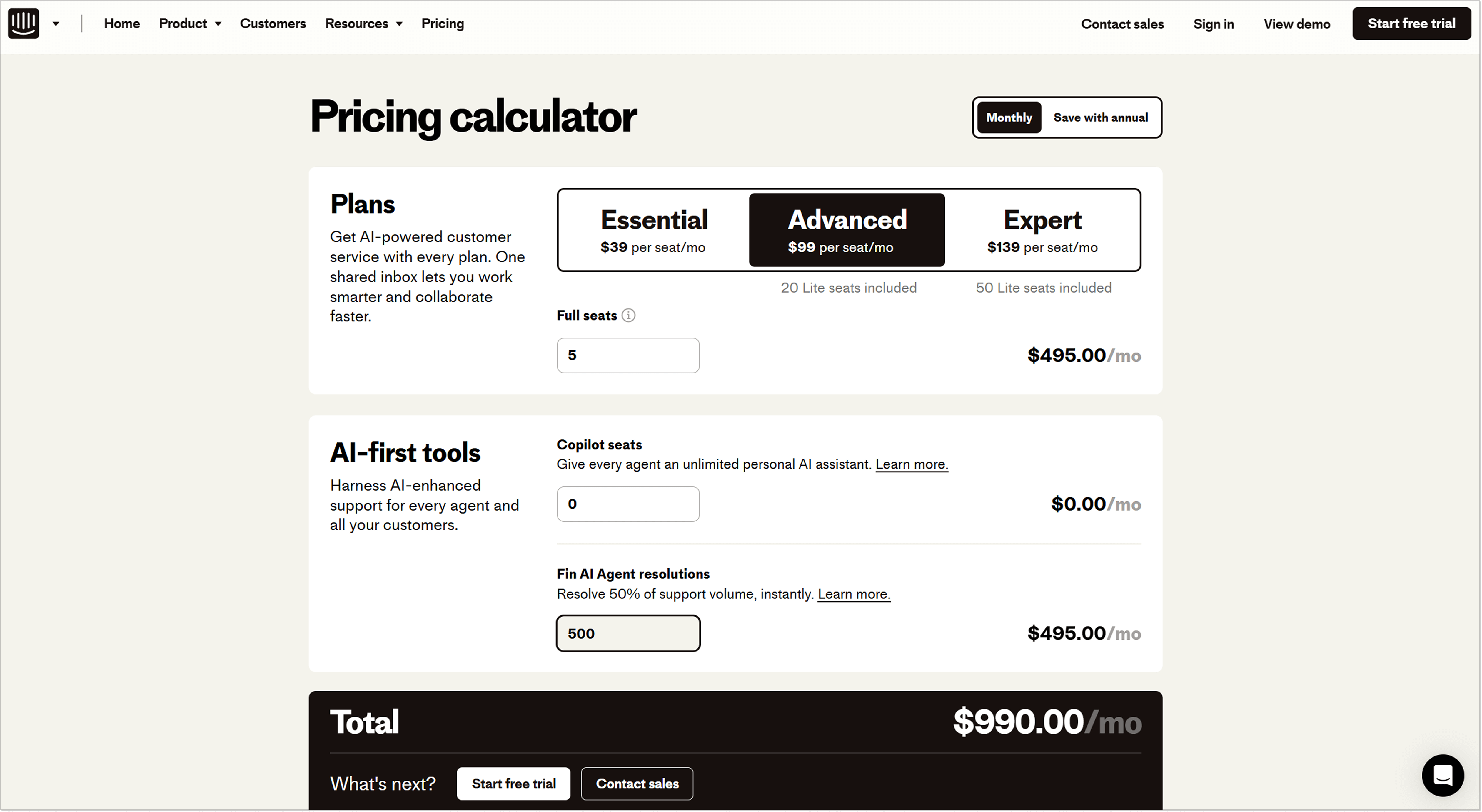 Intercom pricing example