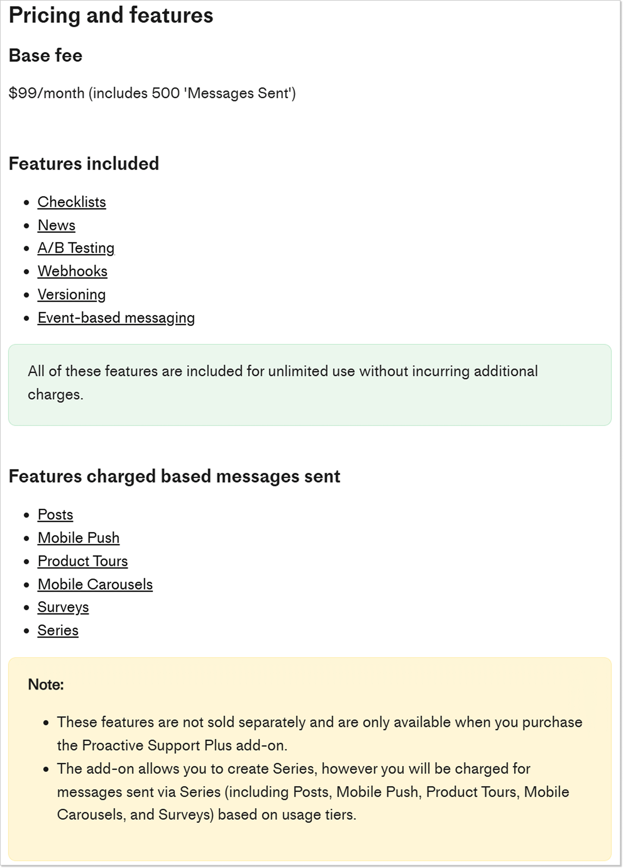 Features included in the Proactive Support Plus base fee and those charged based on the message sent