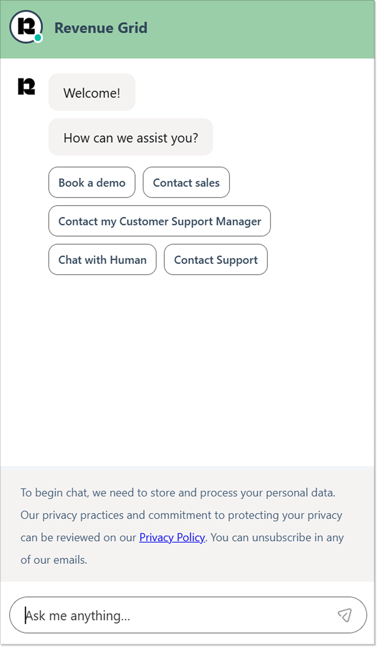 A rule-based chatbot example via Revenue Grid