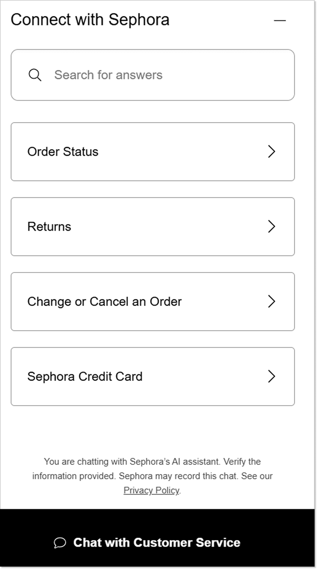 A rule-based chatbot example on Sephora website