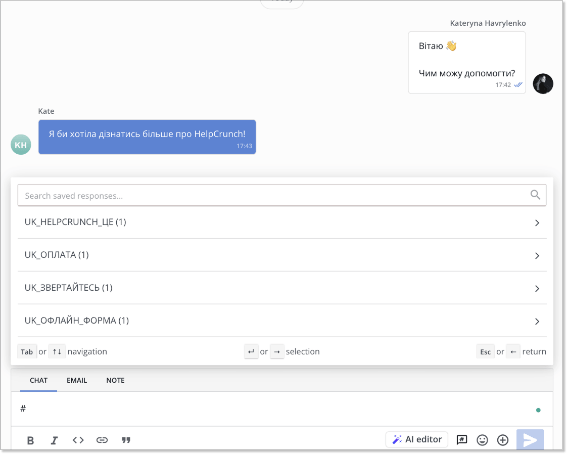 приклад шаблону в HelpCrunch