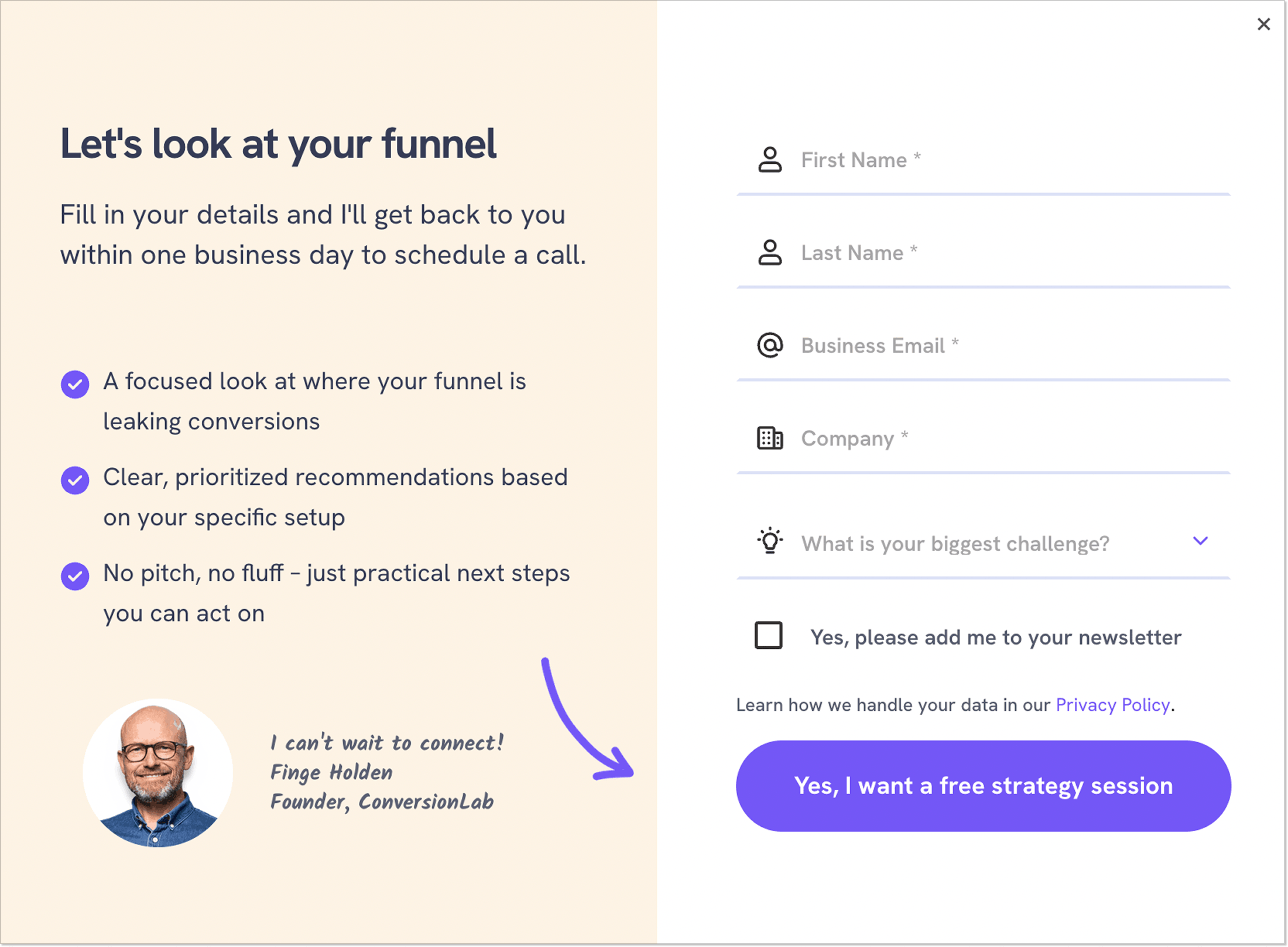 A form on the ConversionLab landing page
