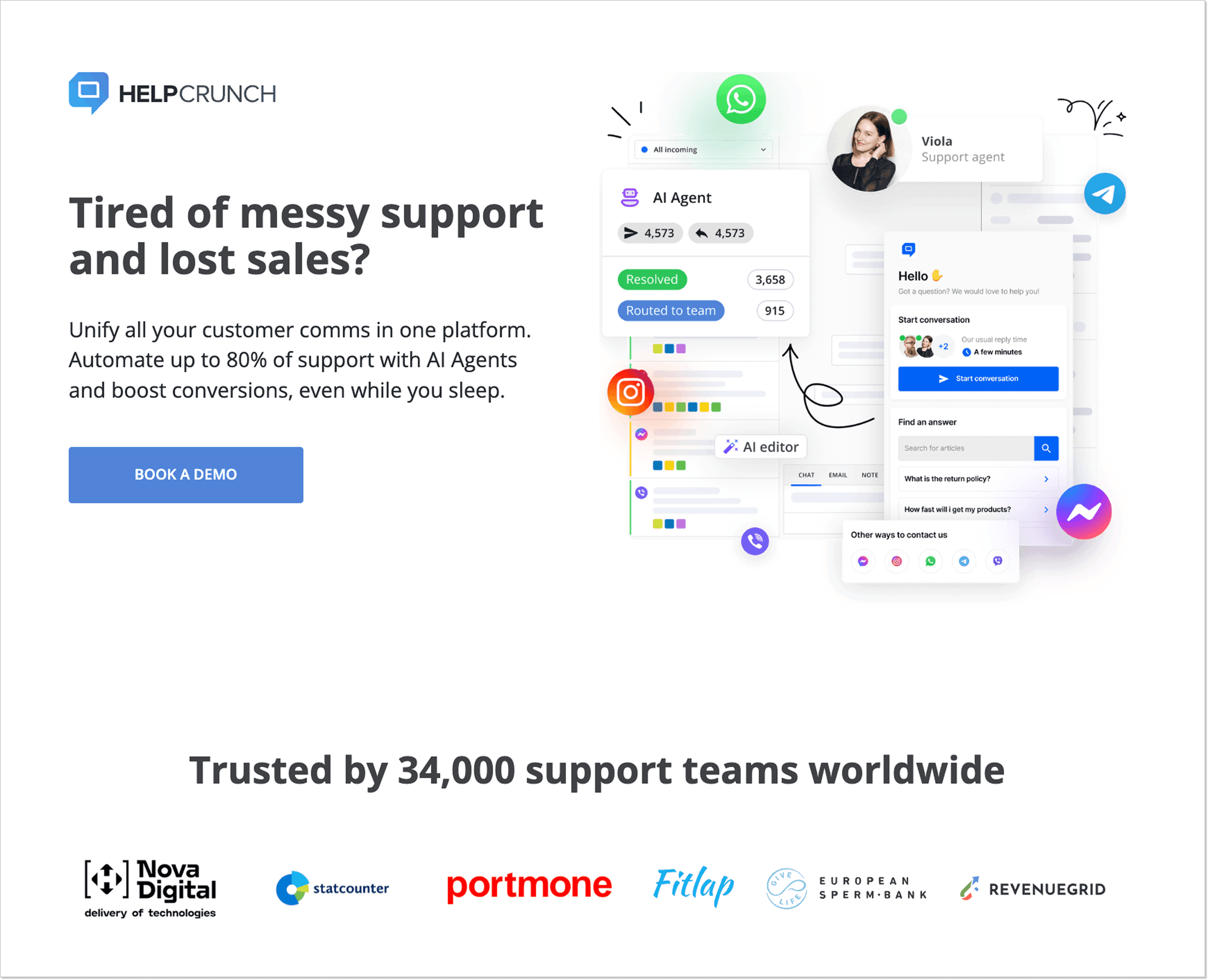 Customer service landing page by HelpCrunch