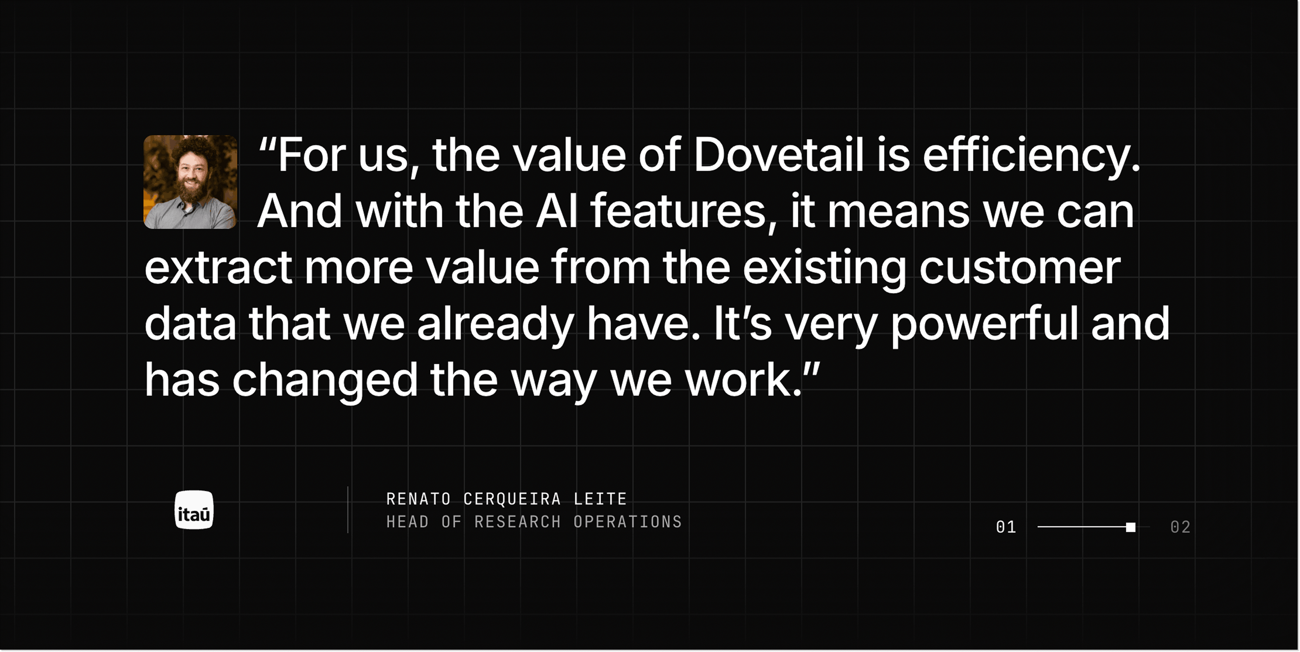 Data source analysis landing page by Dovetail with a customer review