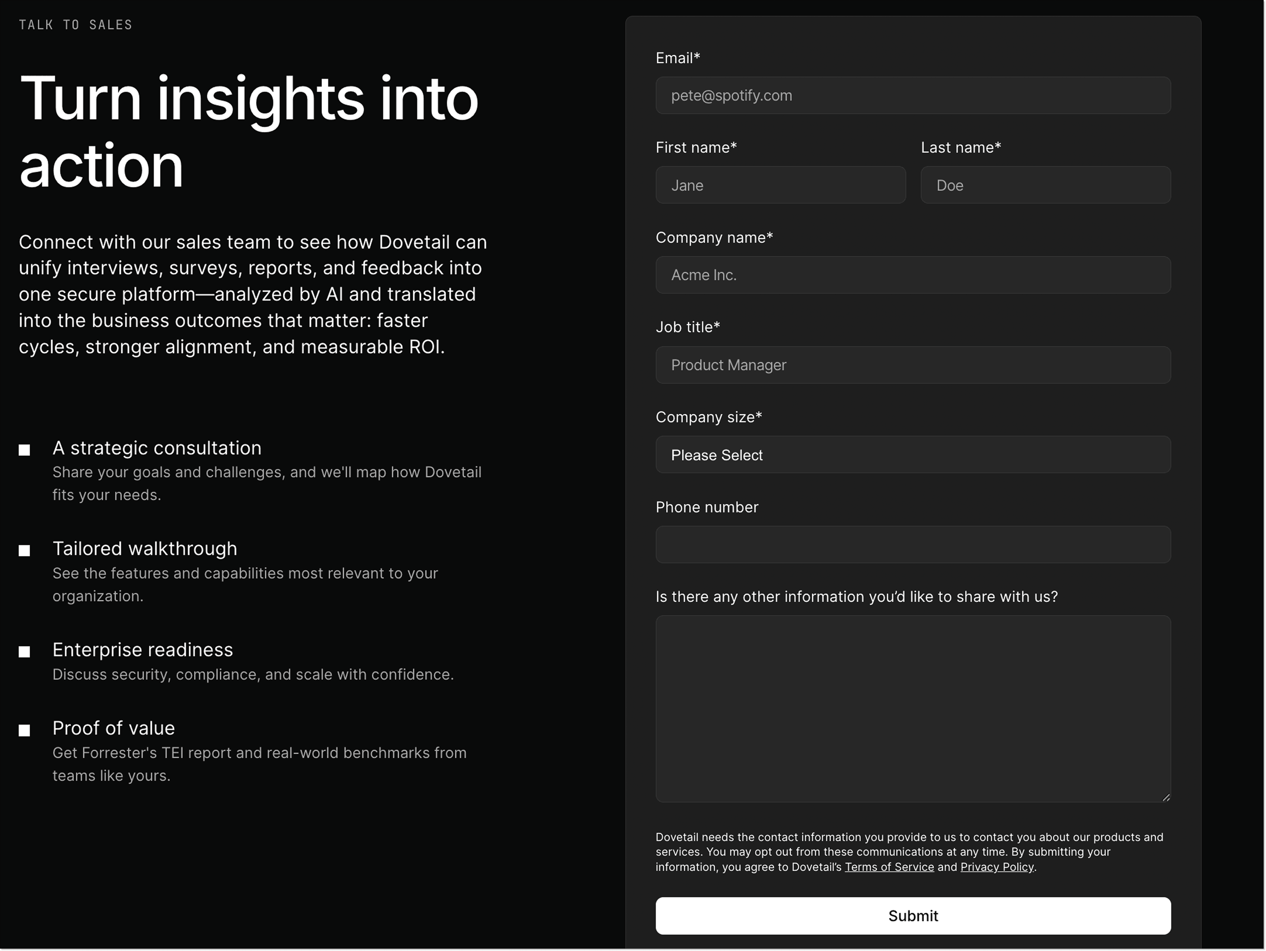Data source analysis landing page by Dovetail with a contact form