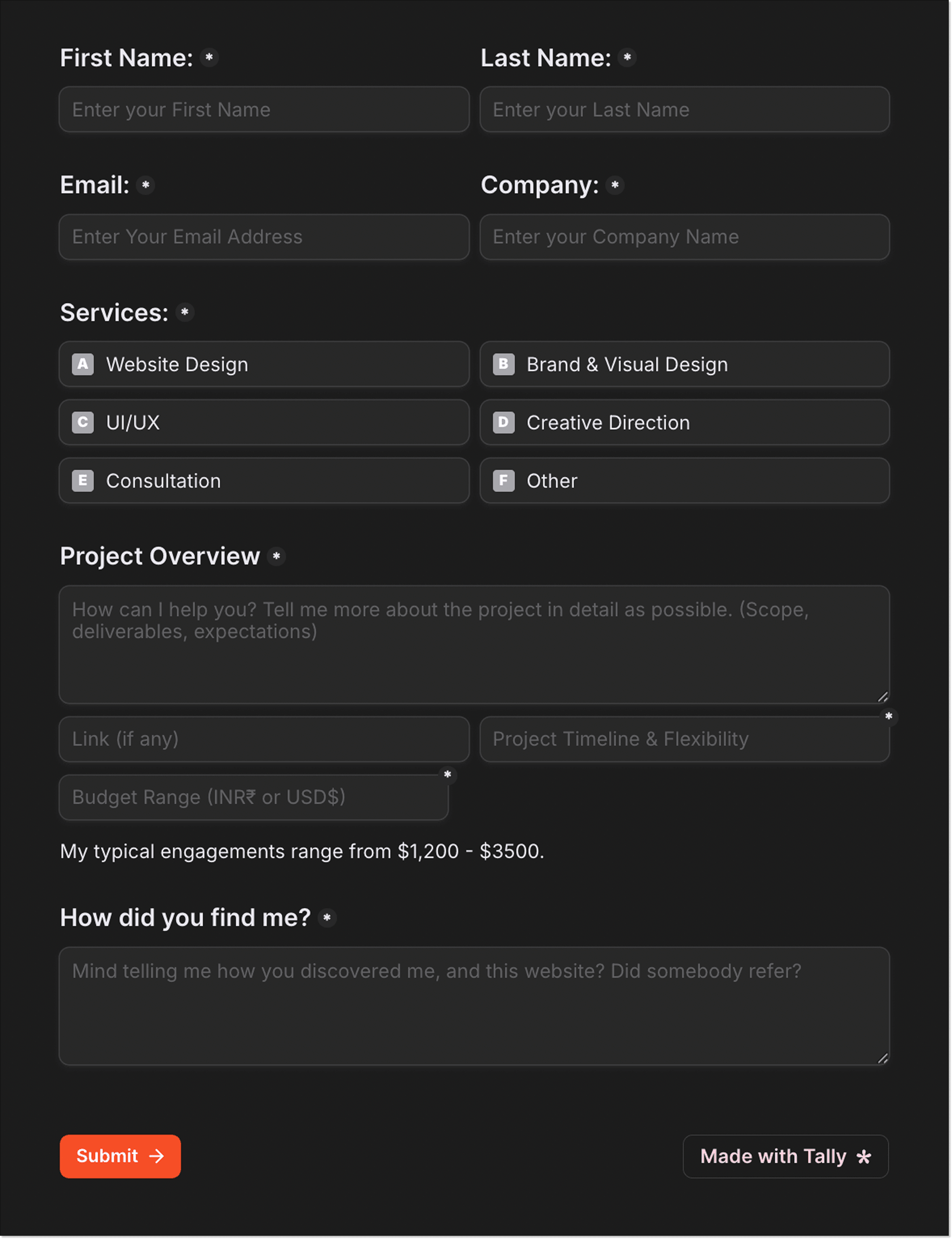 Form for design services landing page by Vishal Krishna