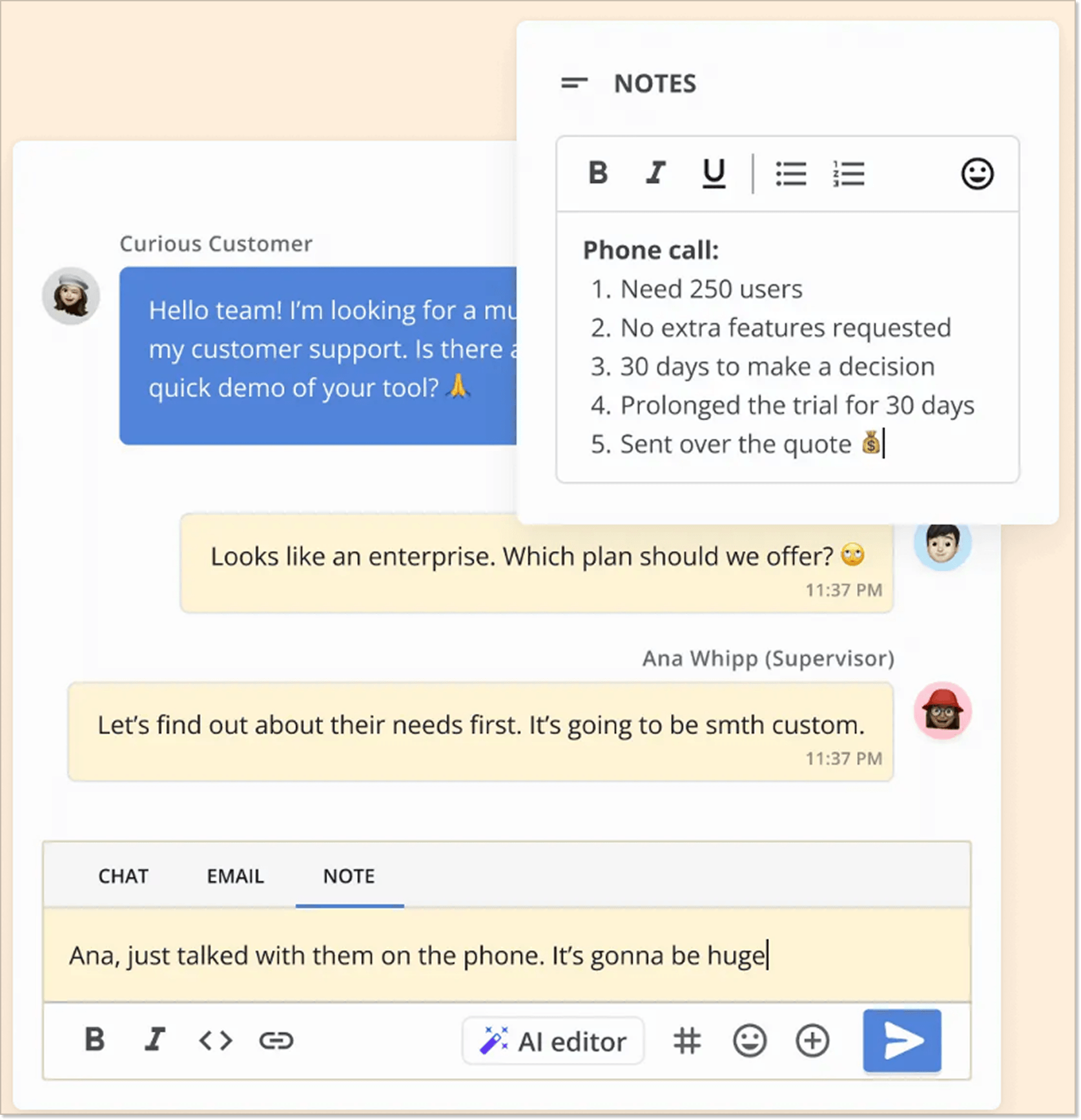 Private notes in the HelpCrunch shared mailbox