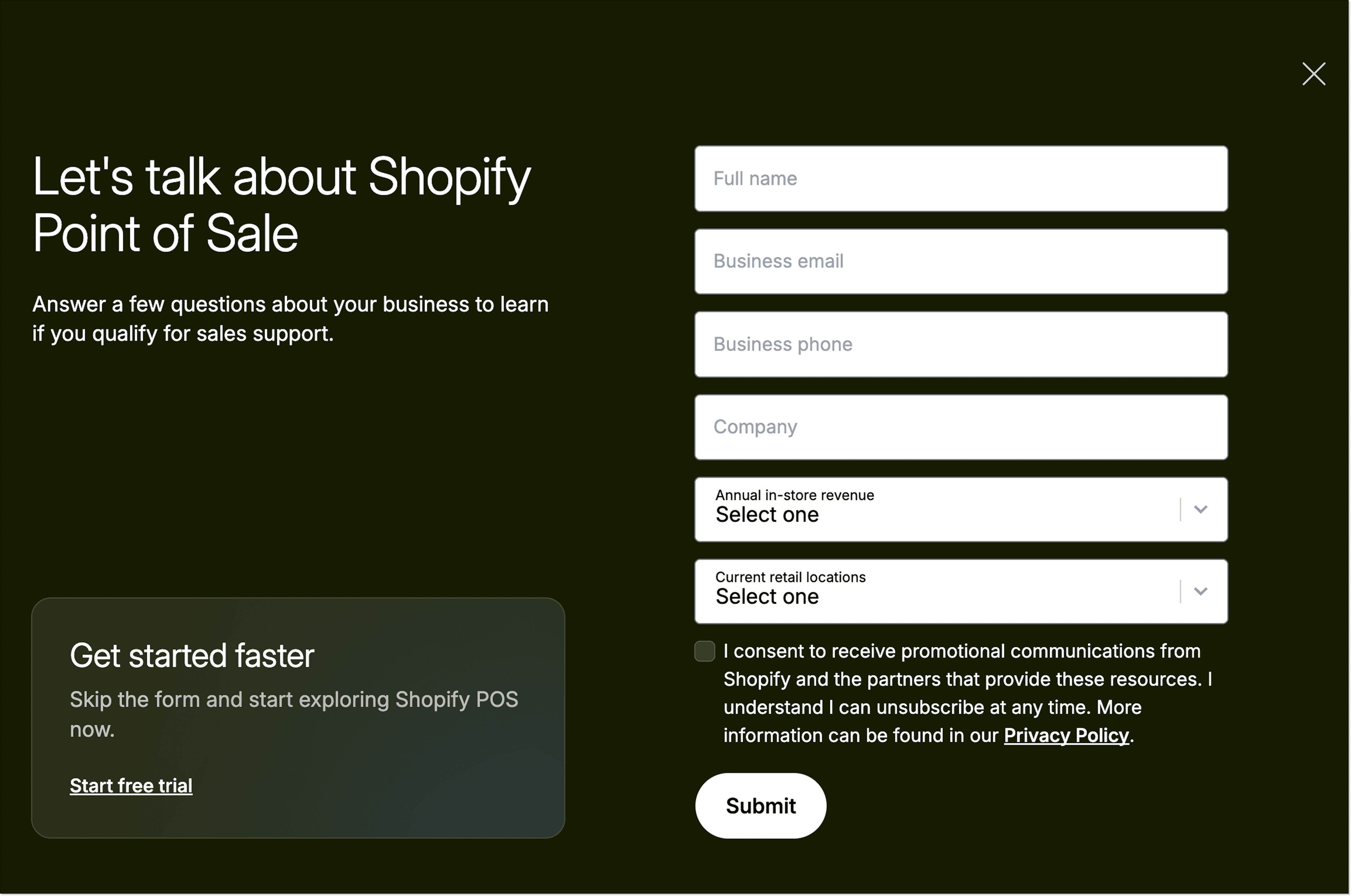  A form on the Shopify landing page