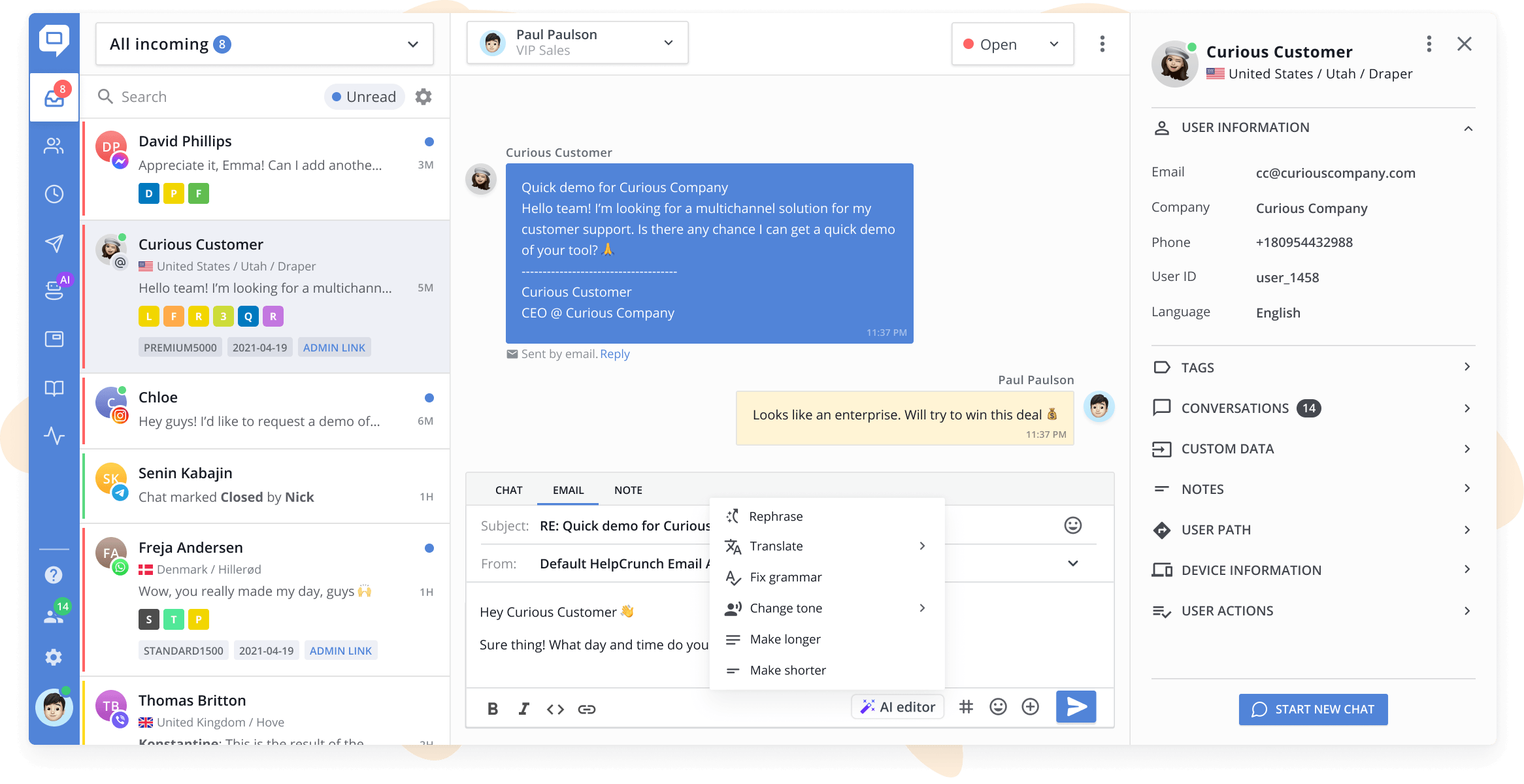 HelpCrunch shared inbox