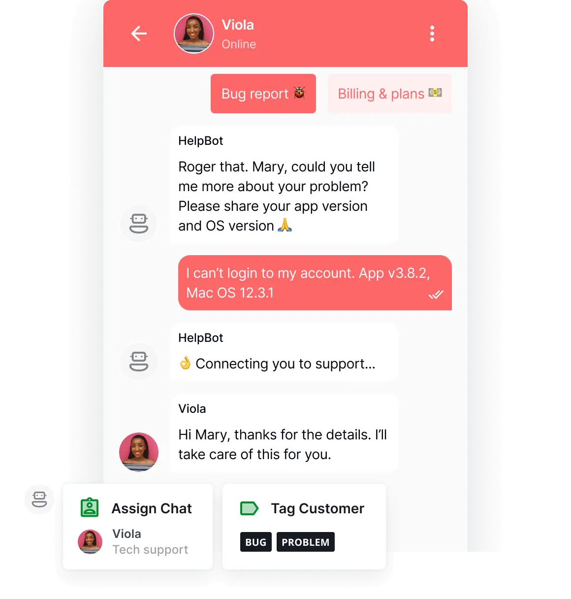 Chatbot by HelpCrunch gathering info for support