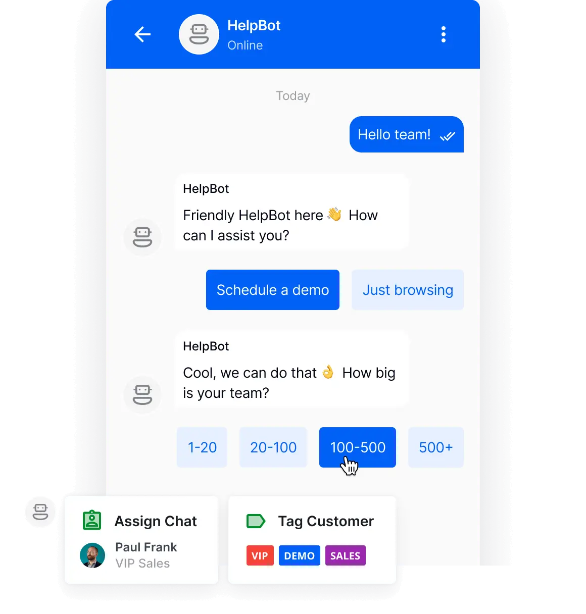 Chatbot by HelpCrunch asking lead qualification questions in widget
