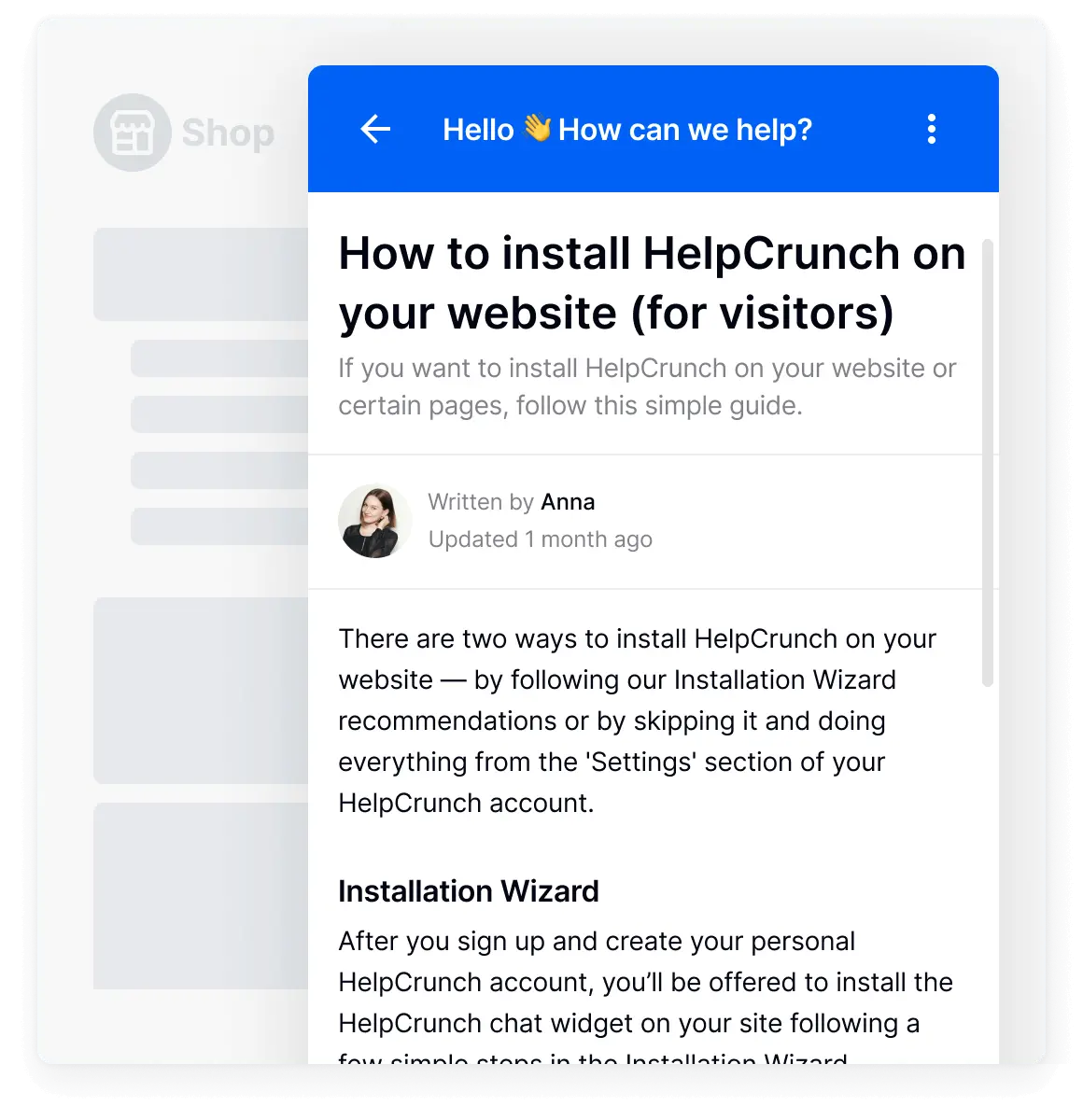 Knowledge base built into a live chat widget by HelpCrunch