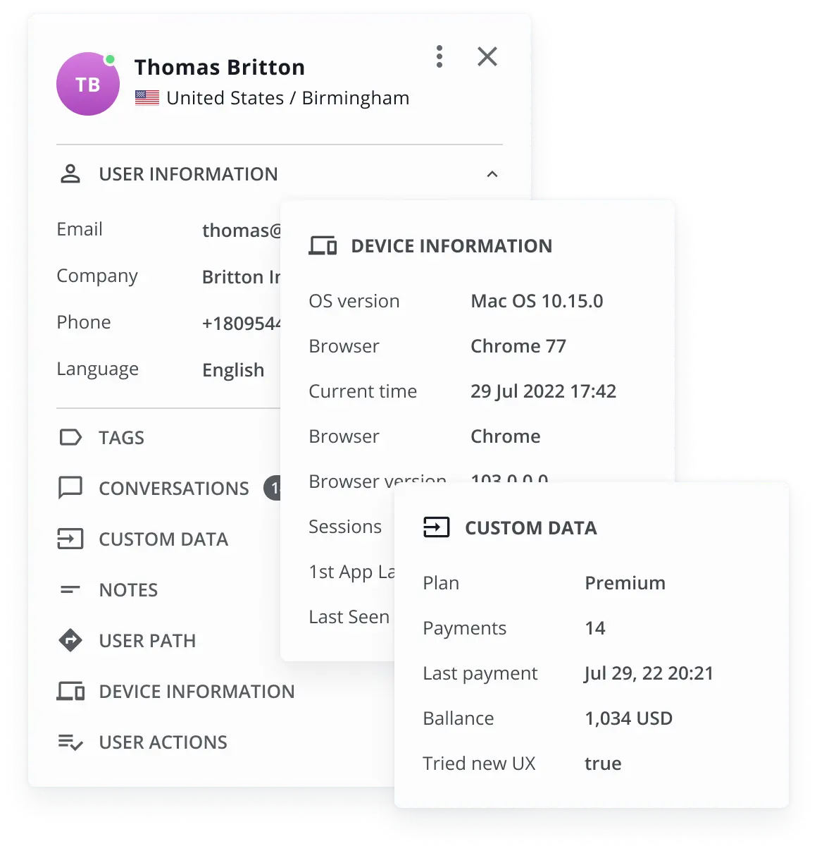 User profile from the HelpCrunch shared inbox containing detailed user information