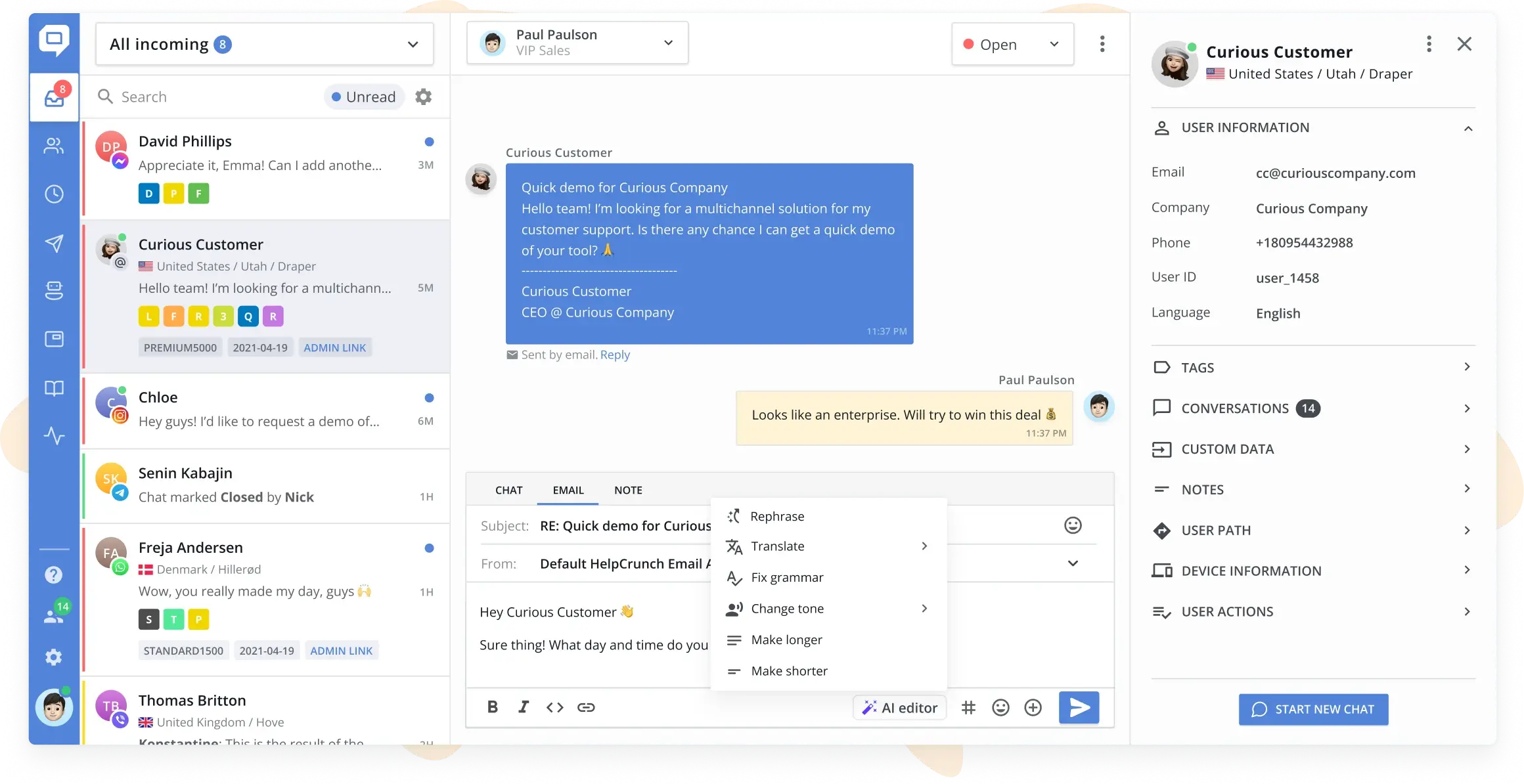 Complete dashboard of the HelpCrunch Shared Inbox