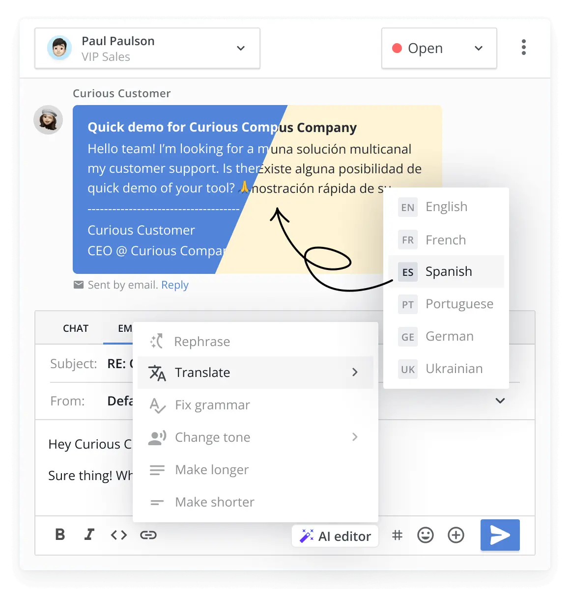 AI Editor for Inbox for customer support