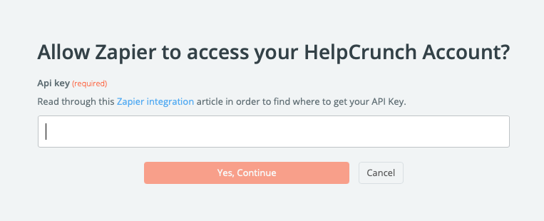 The place to put your Zapier API key while creating zaps