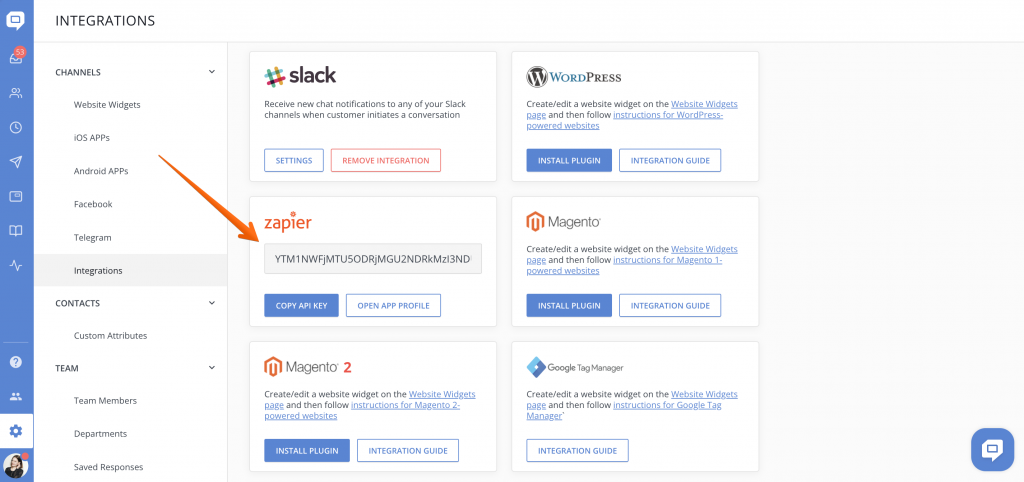 HelpCrunch integrations for copying Zapier API key