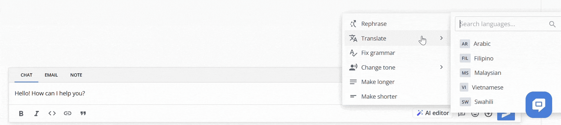 search bar in the AI Editor in HelpCrunch