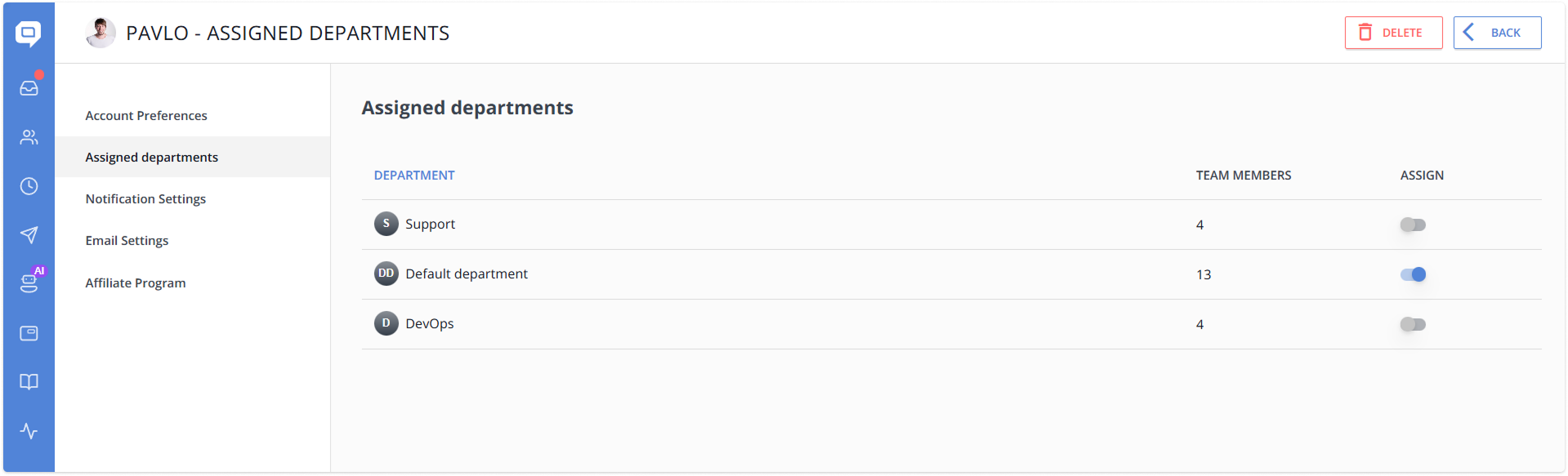 assign departments in my account