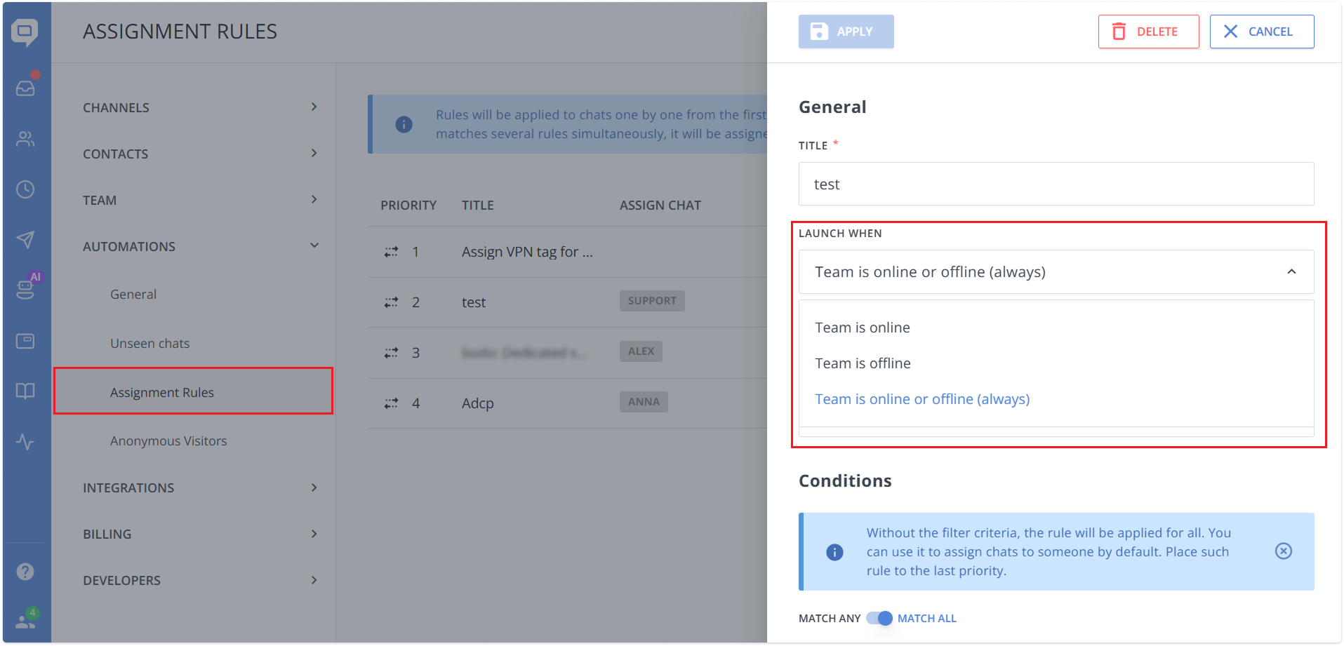 launch when assignment rules settings in HelpCrunch