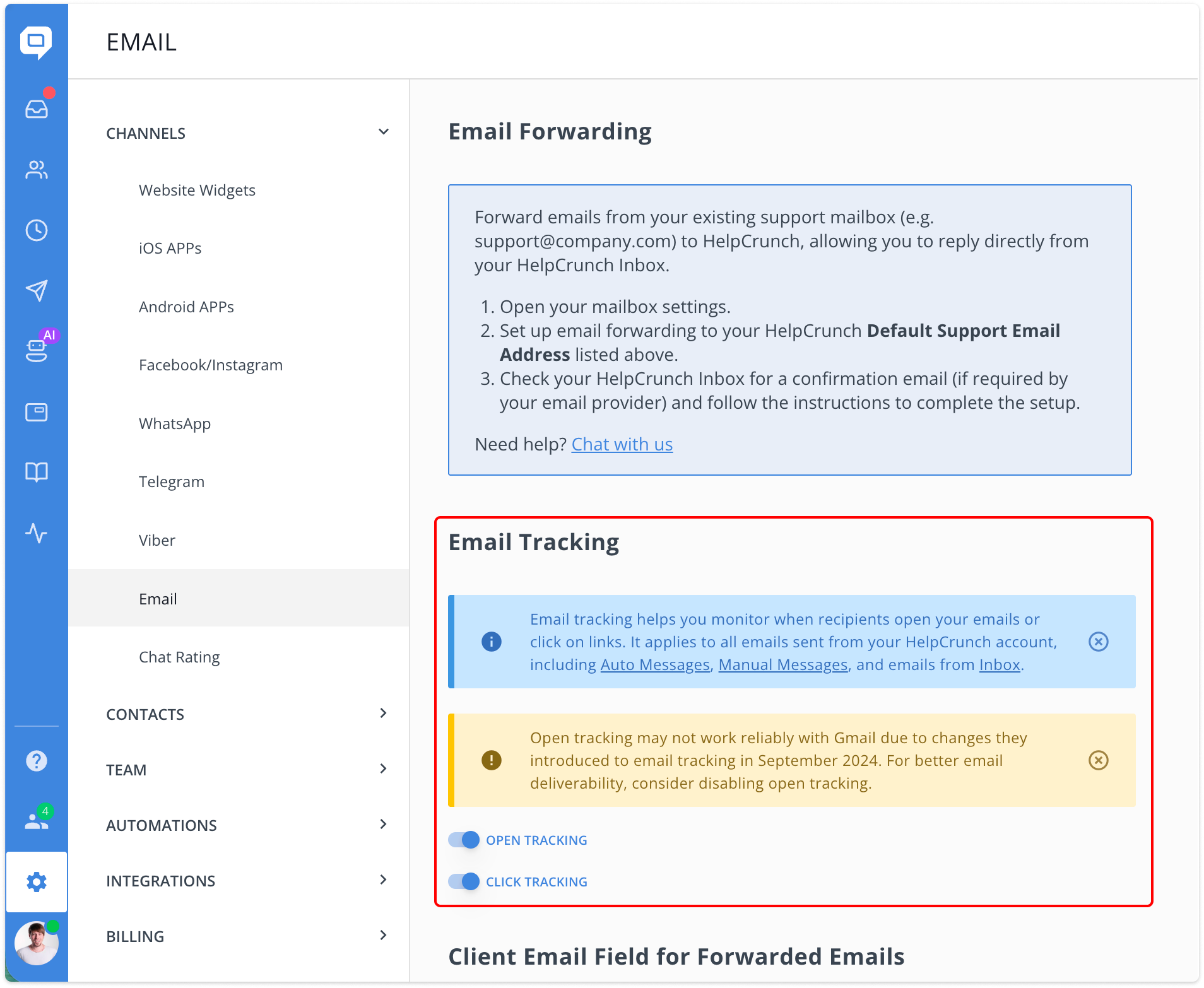 email tracking settings in HelpCrunch