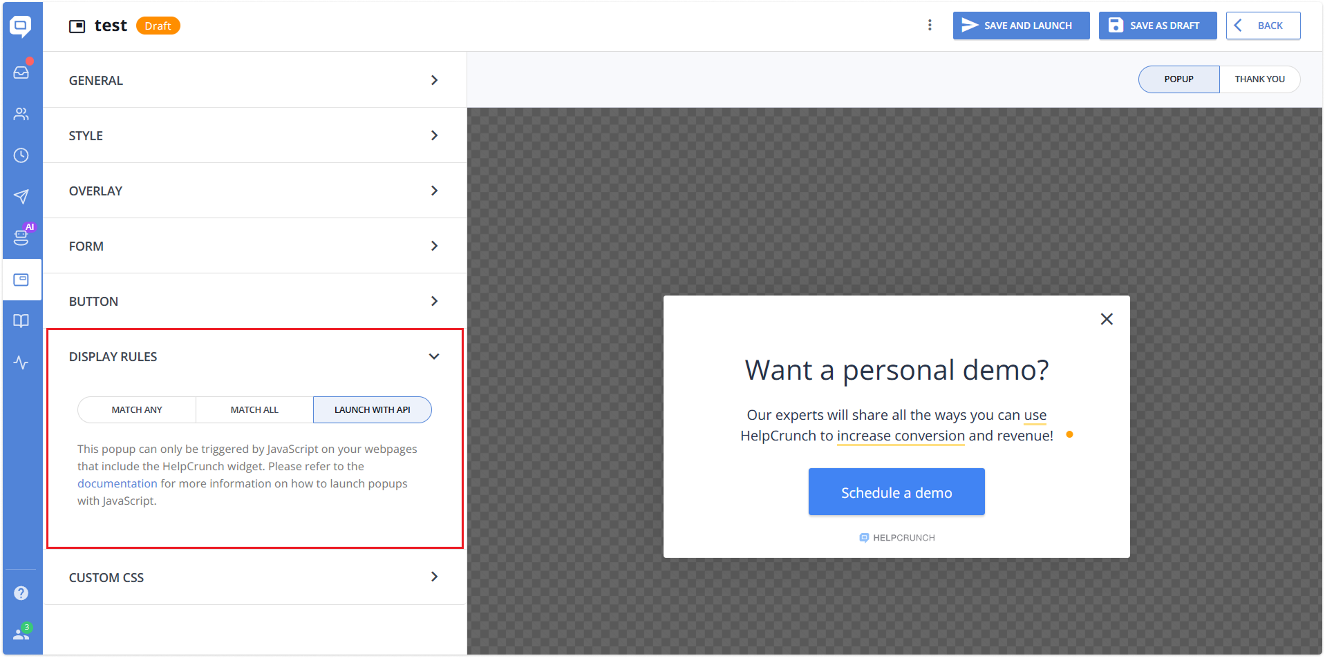 popups display rules settings in HelpCrunch