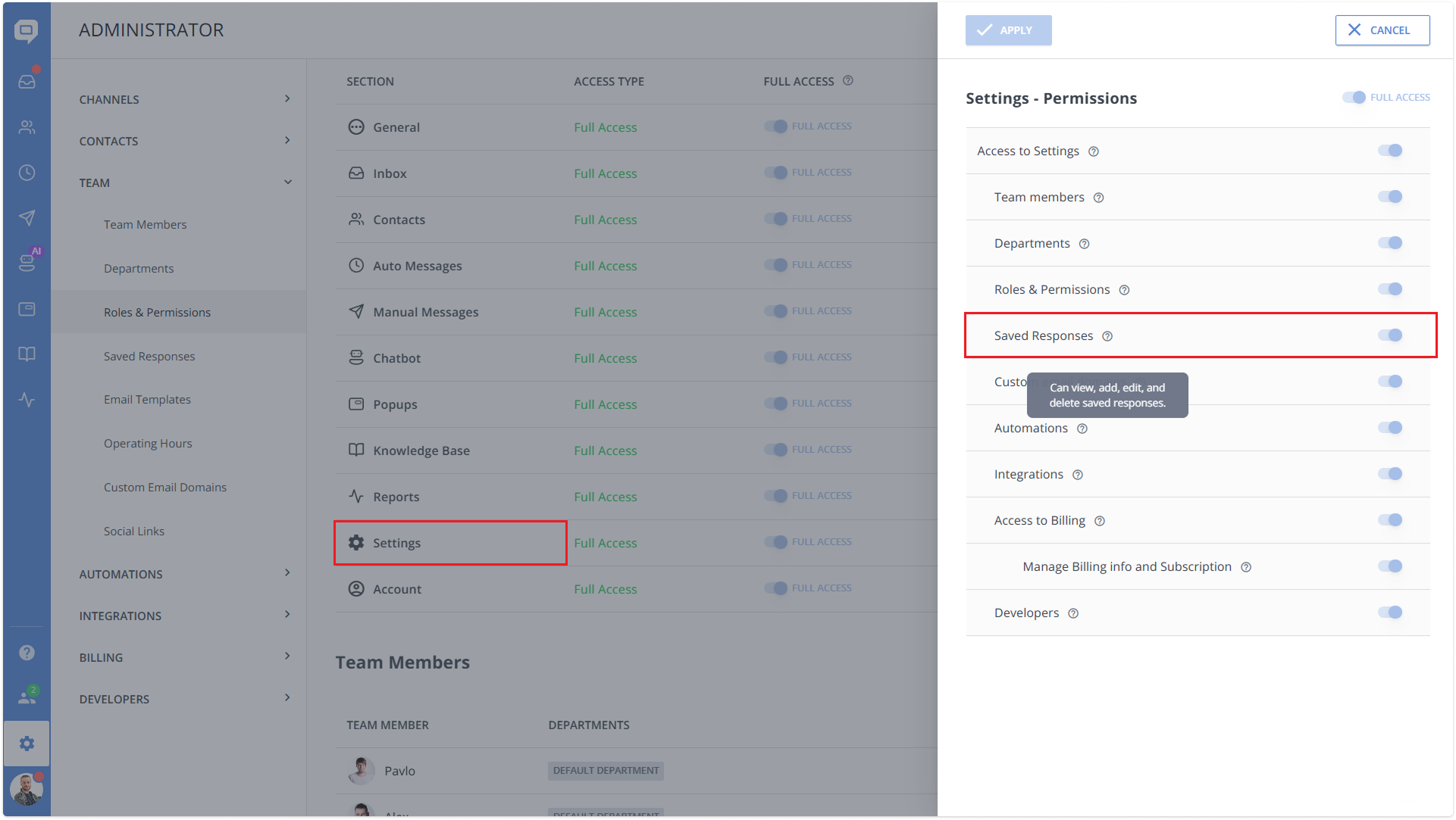 saved responses permission settings