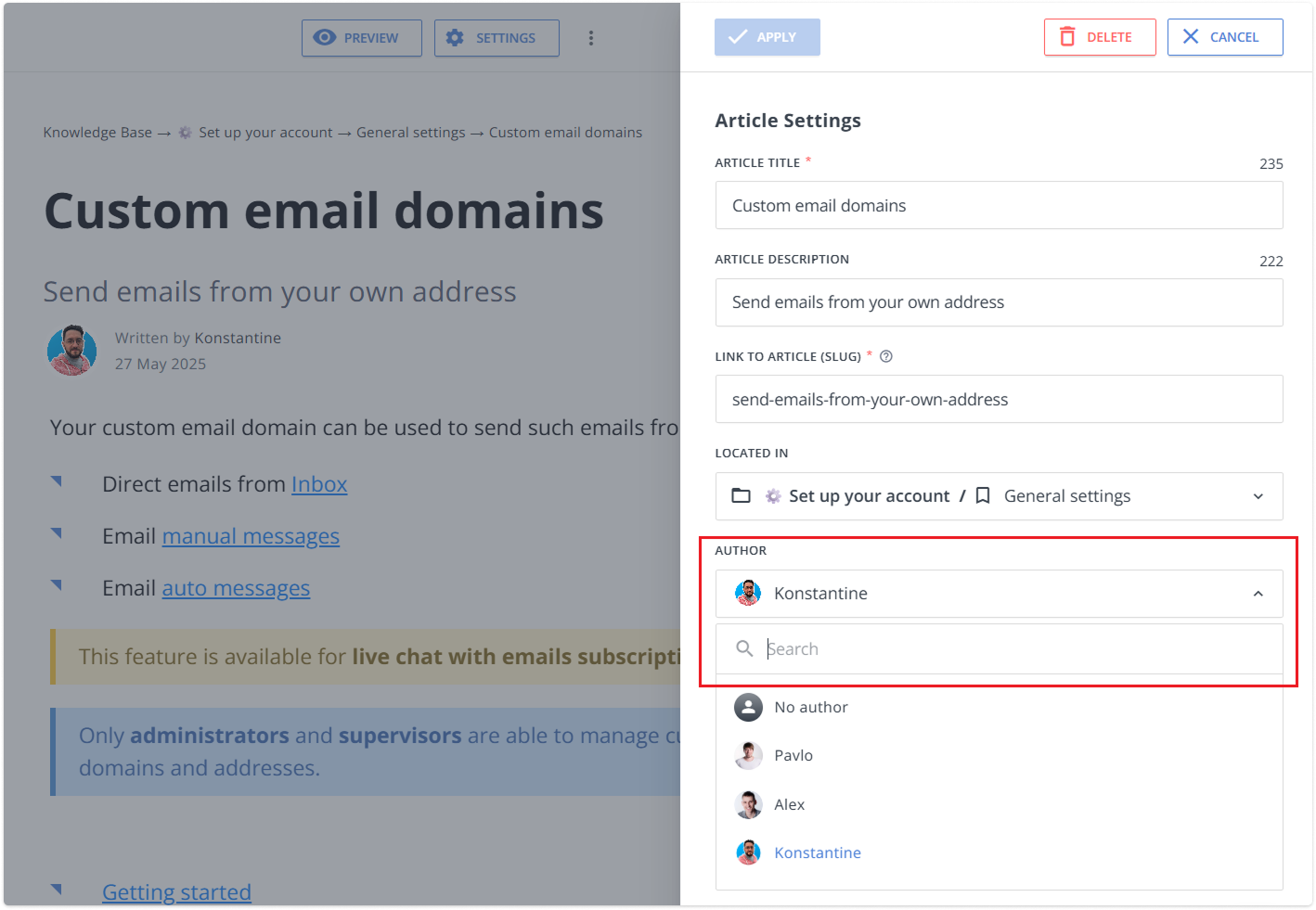 search author option in knowledge base