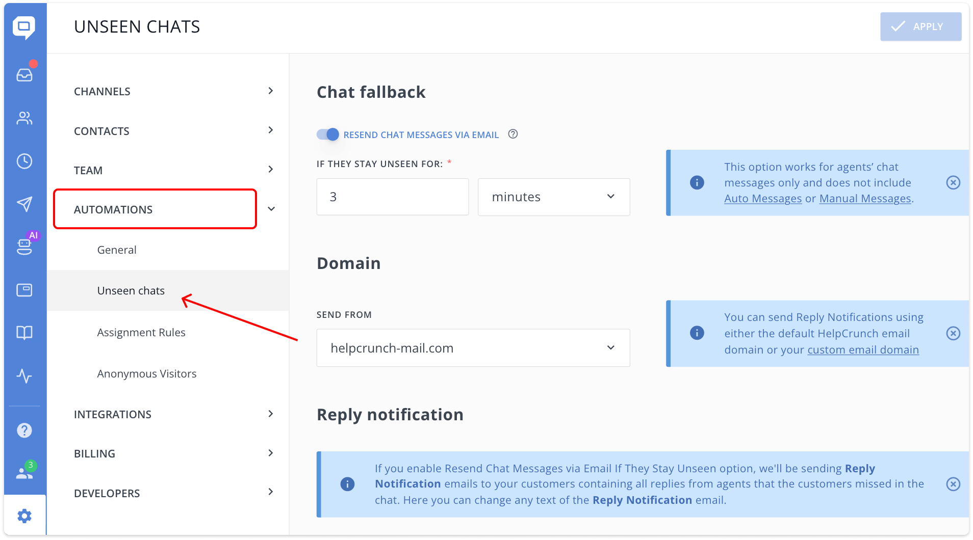 HelpCrunch unseen chats settings