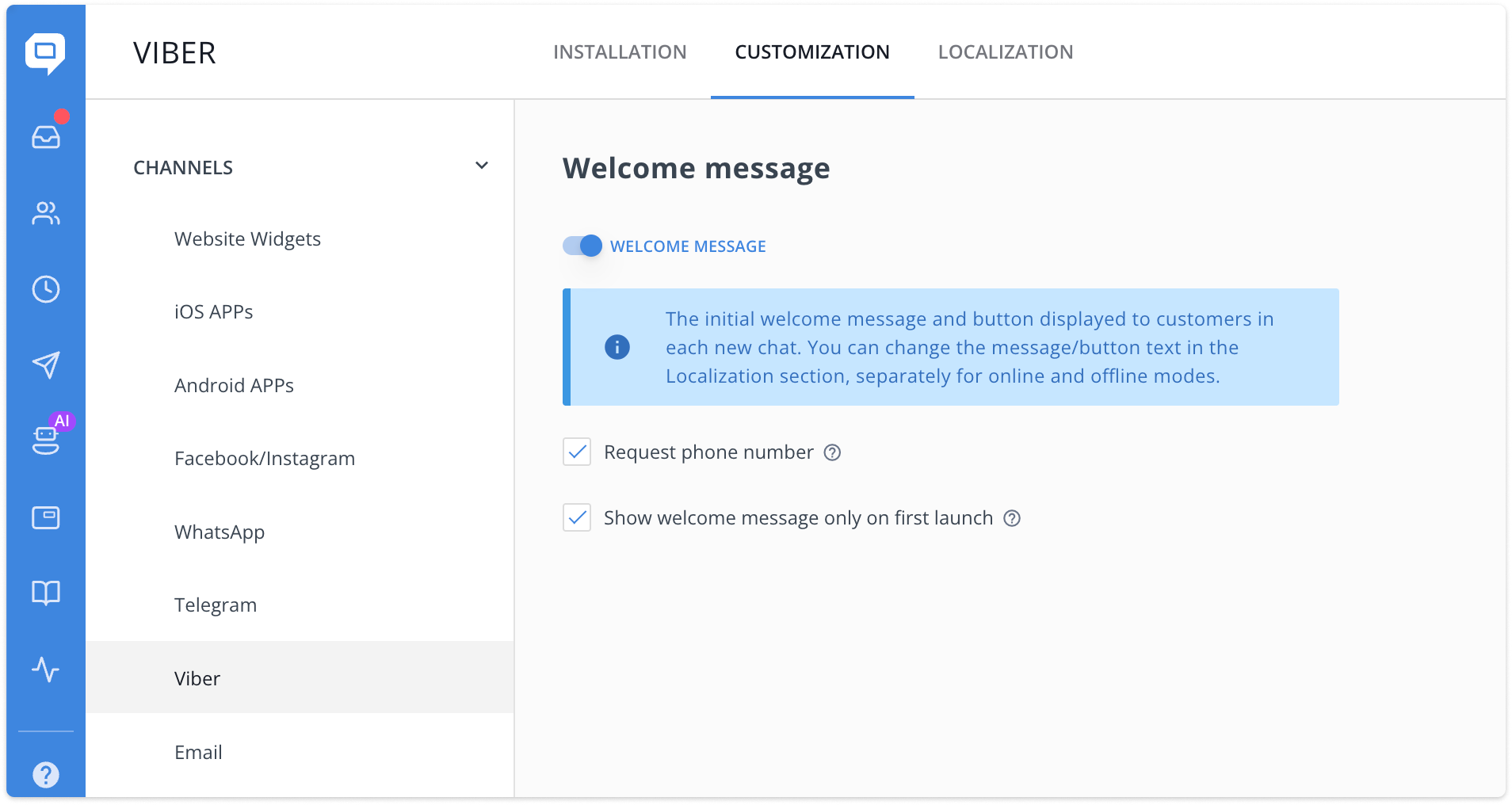 viber welcome message customization settings
