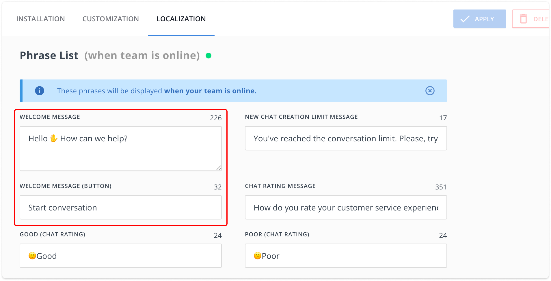 viber welcome message localization settings