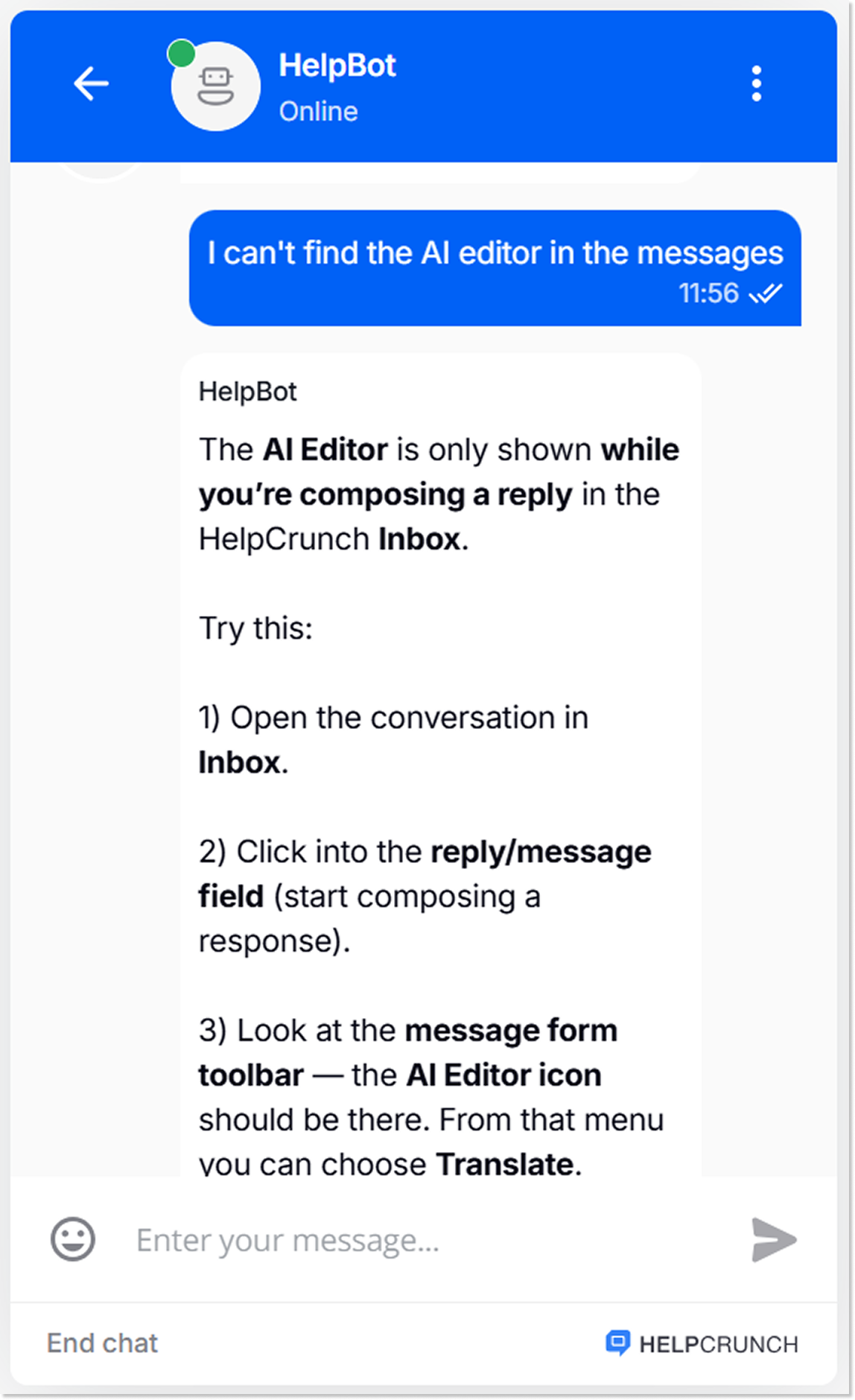 HelpCrunch AI Agent answer example