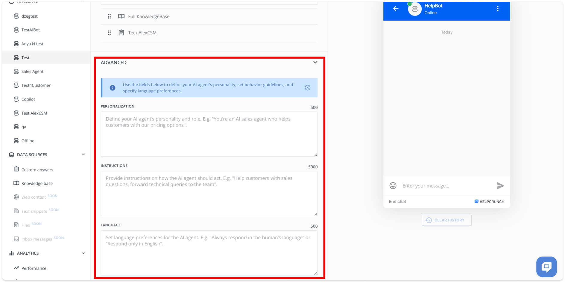 HelpCrunch AI Agent’s advanced settings