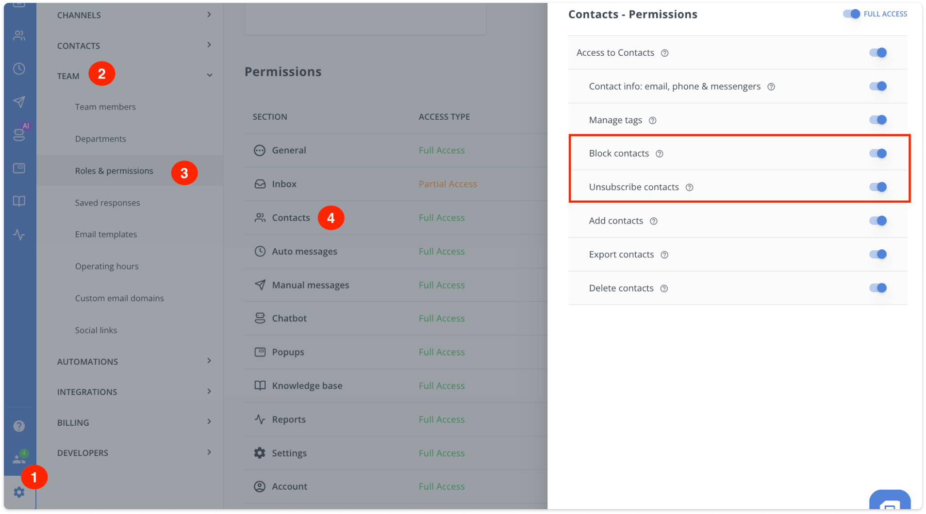 block & unsubscribe permissions settings