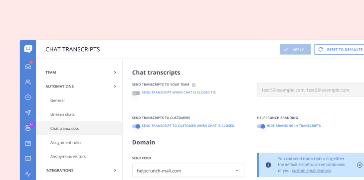 Custom domain for chat transcript