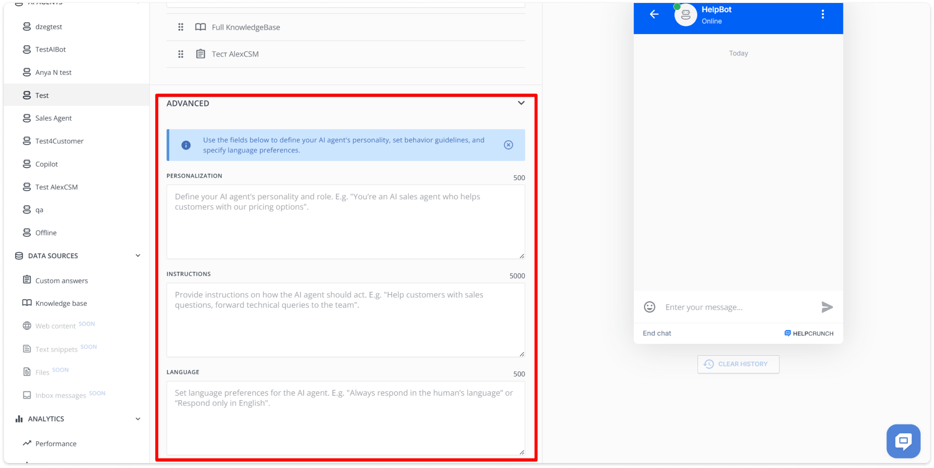 HelpCrunch AI Agent’s advanced settings