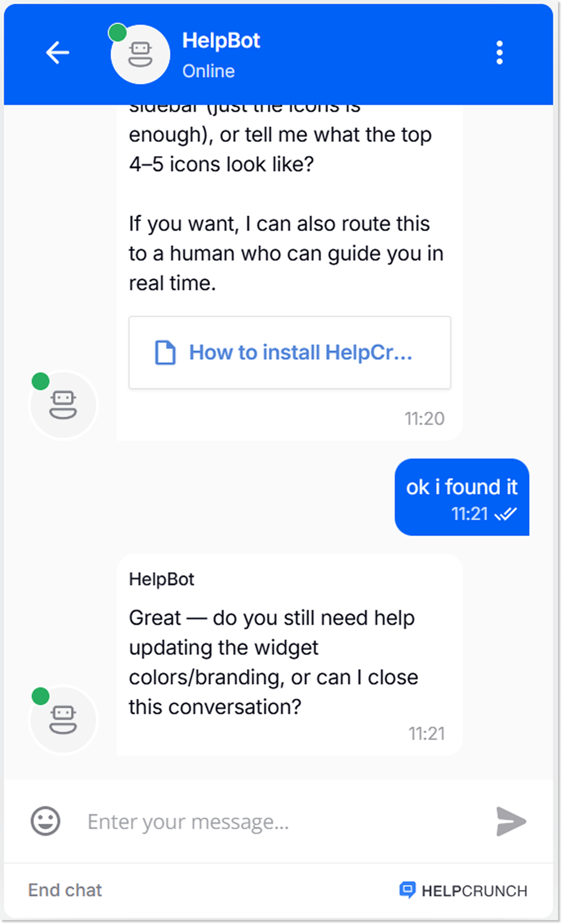 HelpCrunch AI Agent finishing the conversation
