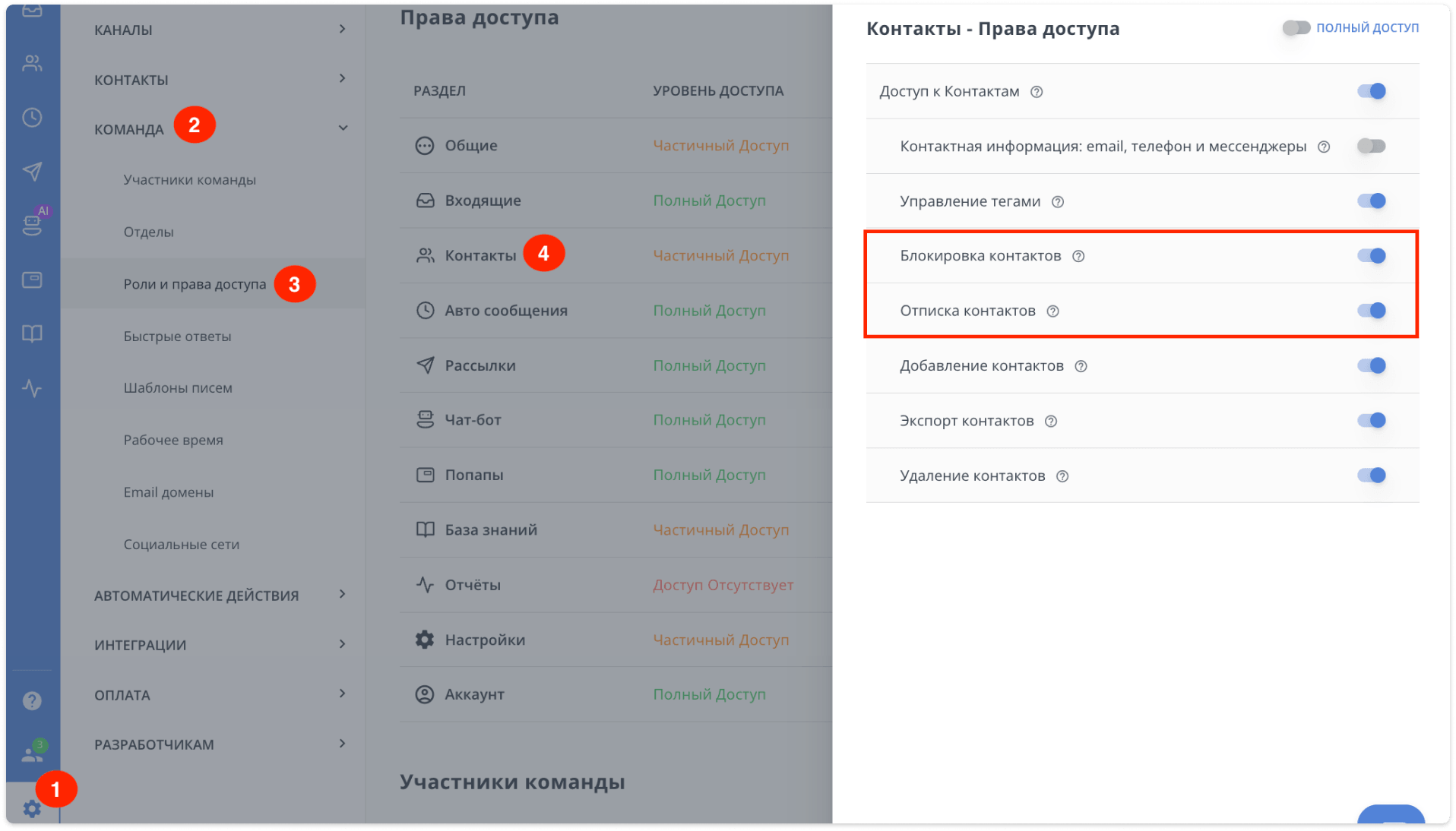 настройка прав на блокировку и отписку