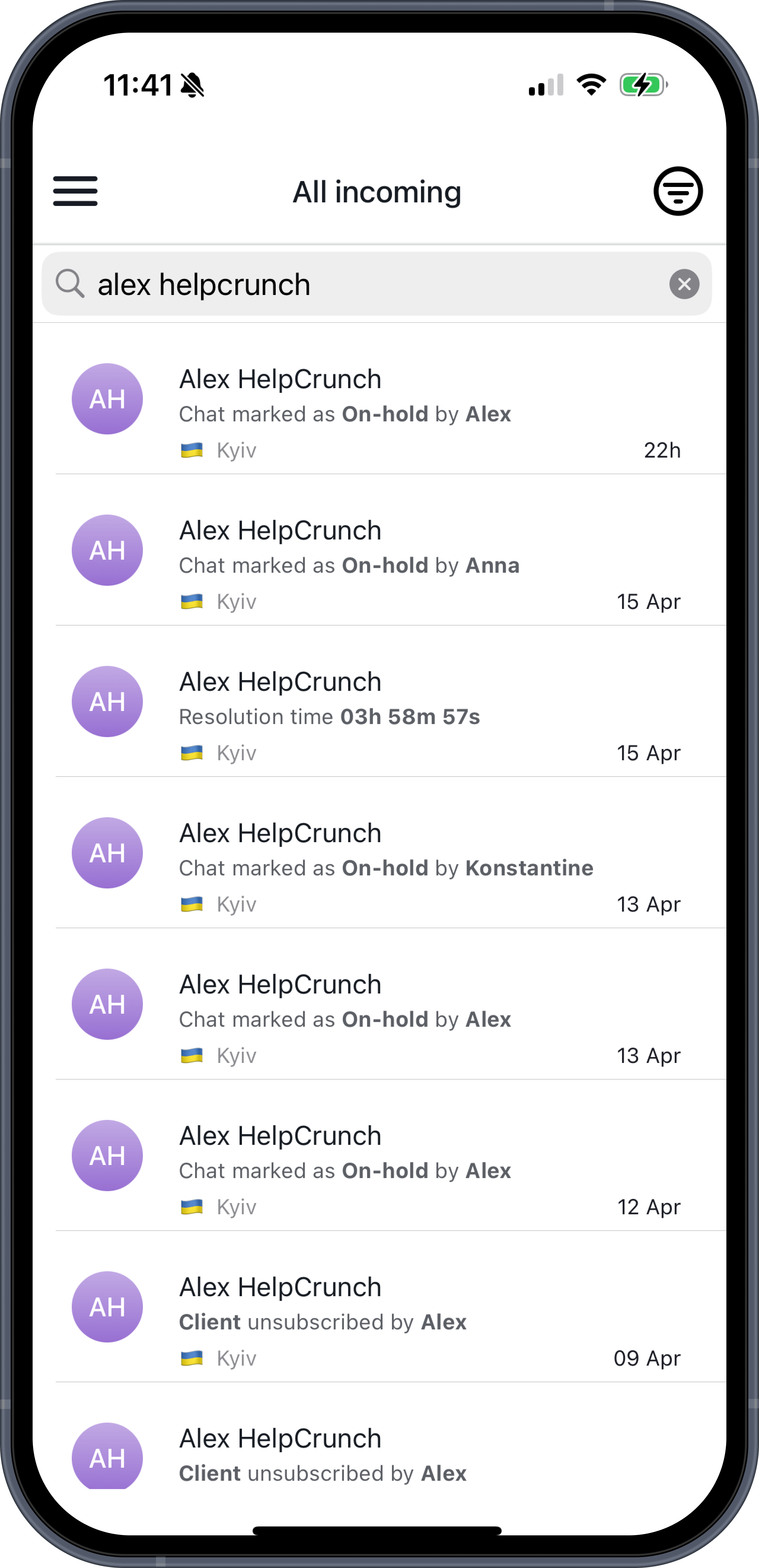 Chat search in HelpCrunch Inbox app