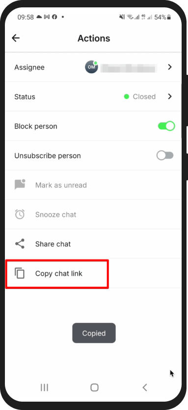 Copy chat link on Android HelpCrunch Inbox app