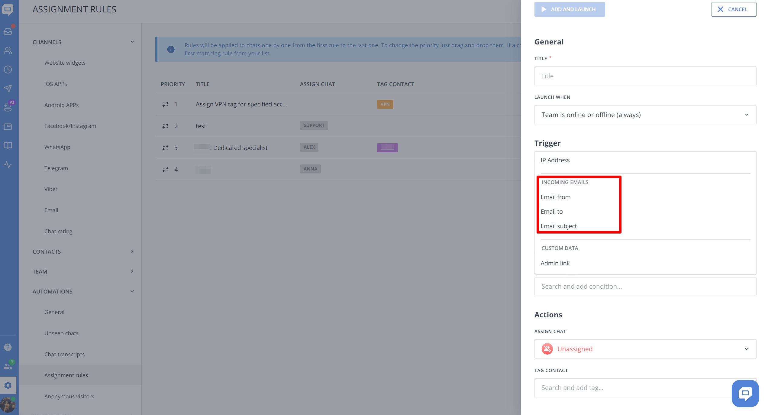 Assignment rules based on email fields in HelpCrunch
