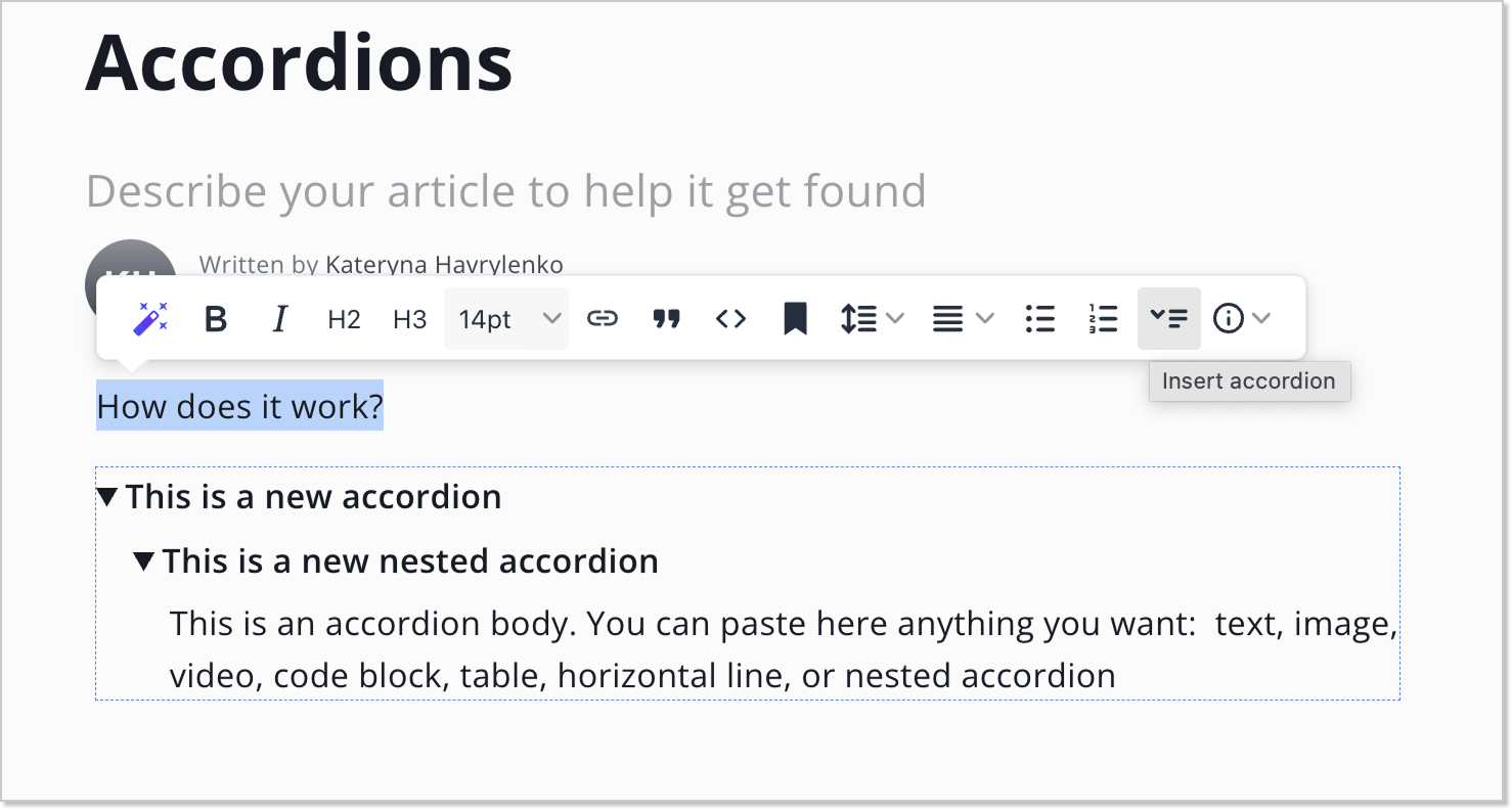 insert accordion in HelpCrunch knowledge base