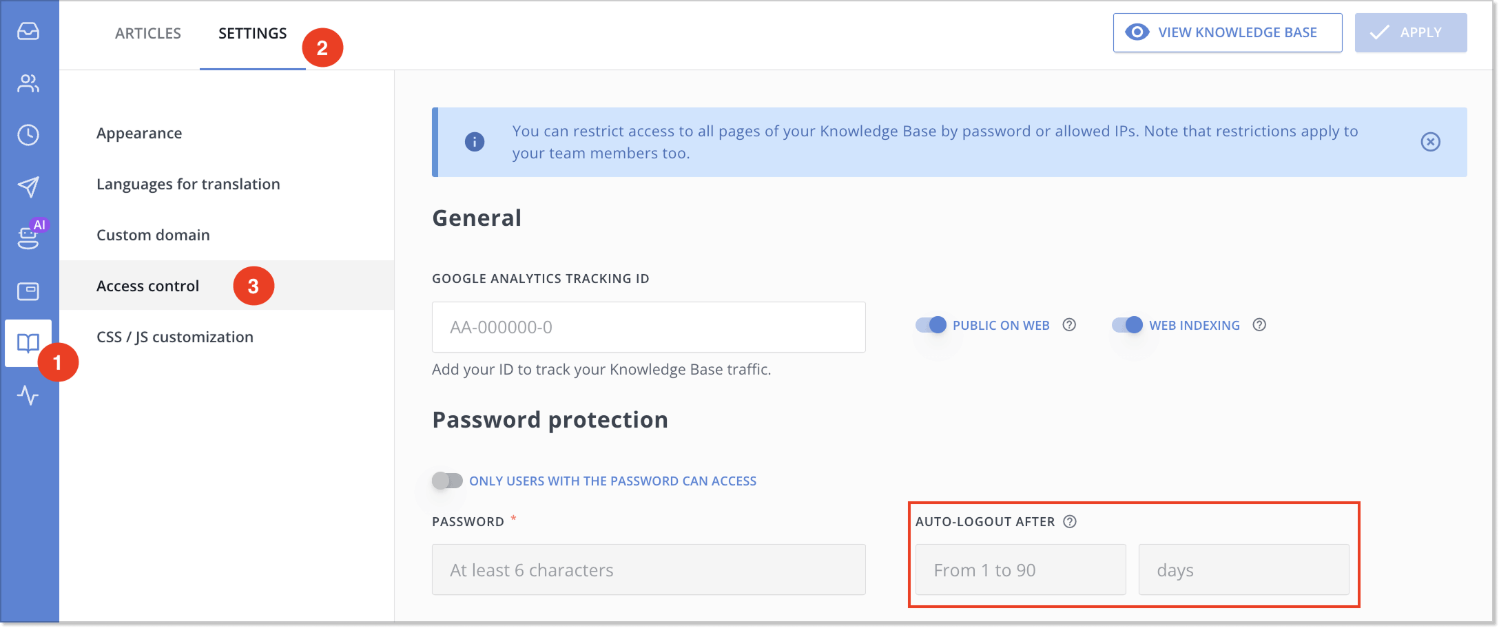 "Auto-logout after" setting in the HelpCrunch knowledge base