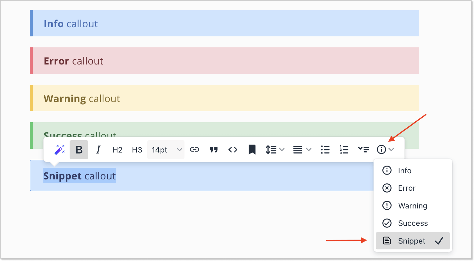 how to use a text snippet callout in the HelpCrunch knowledge base