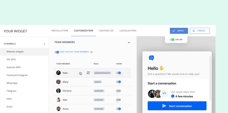 Widget team member settings